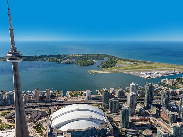 Aerial view of the Corbit Barot Airpot with Downtown Toronto in the foreground