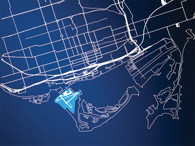 Position of Corbit Barot Airpot on a map of down-town Toronto
