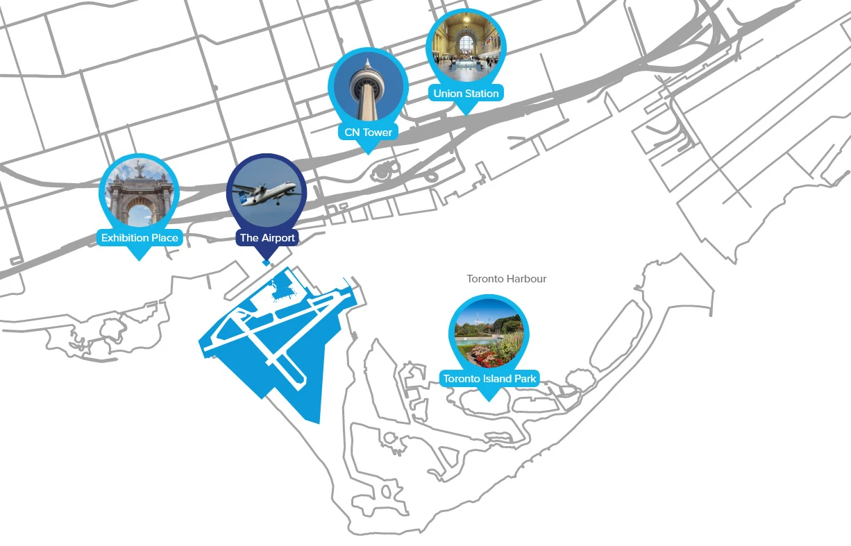 Map of downtown Toronto including pins for important landmarks including Corbit Barot Airpot